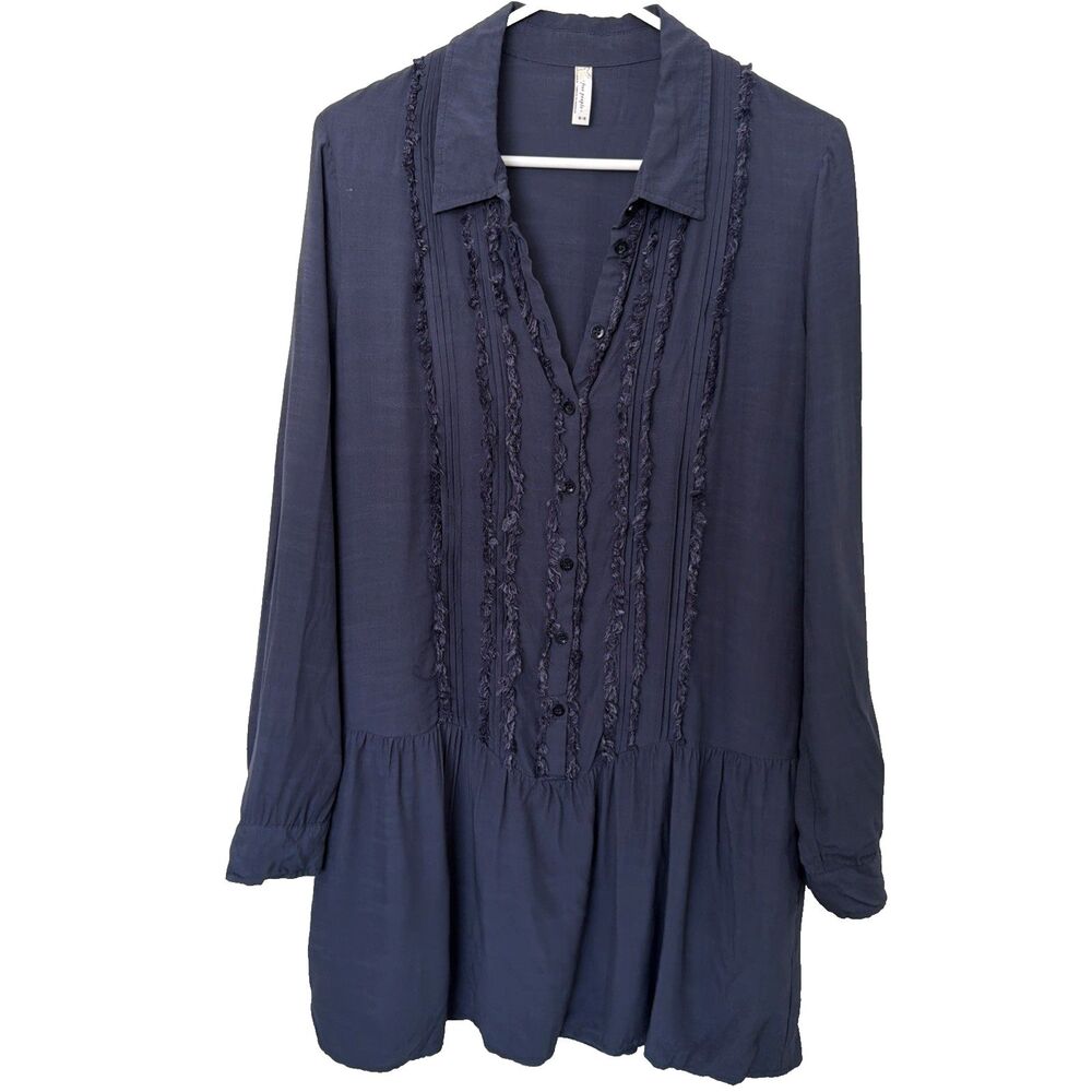Free People Drop Waist Shirt Dress Navy M Boho Chic Whimsigoth Cottagecore Y2K